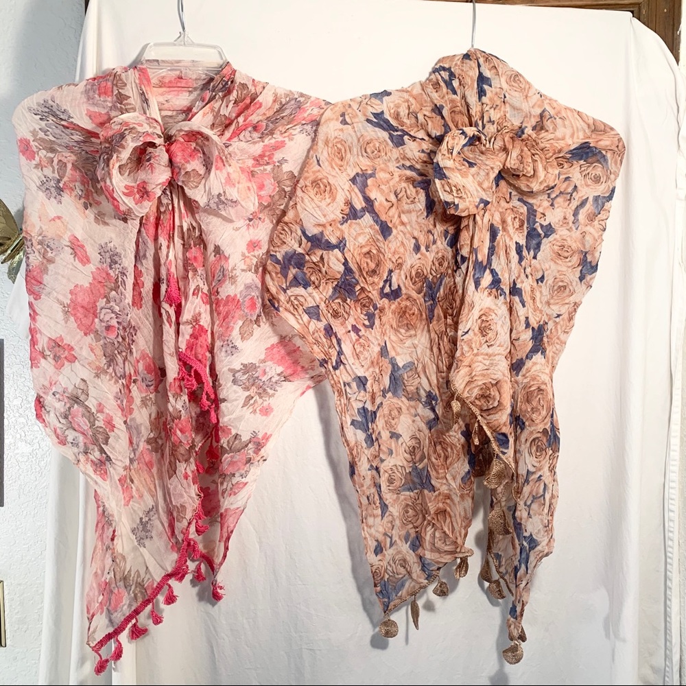 (2) SCARVES, SHOULDER WRAPS, FRINGE TRIM, SHAWLS, 62 X 25 100% POLYESTER